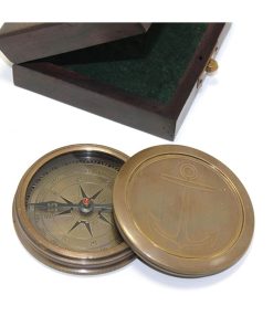 Ahşap Kutulu Gemi Çapası Motifli Pirinç Pusula – Retro Denizcilik Dekor Ürünü