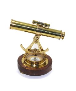 Ahşap Tabanlı Pirinç Dürbün – Pusulalı Masa Üstü Dekor Modeli (25×28 cm)