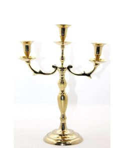 Pirinç Üçlü Şamdan – Gold Renk Klasik Masa Üstü Şamdan (34×26 cm)