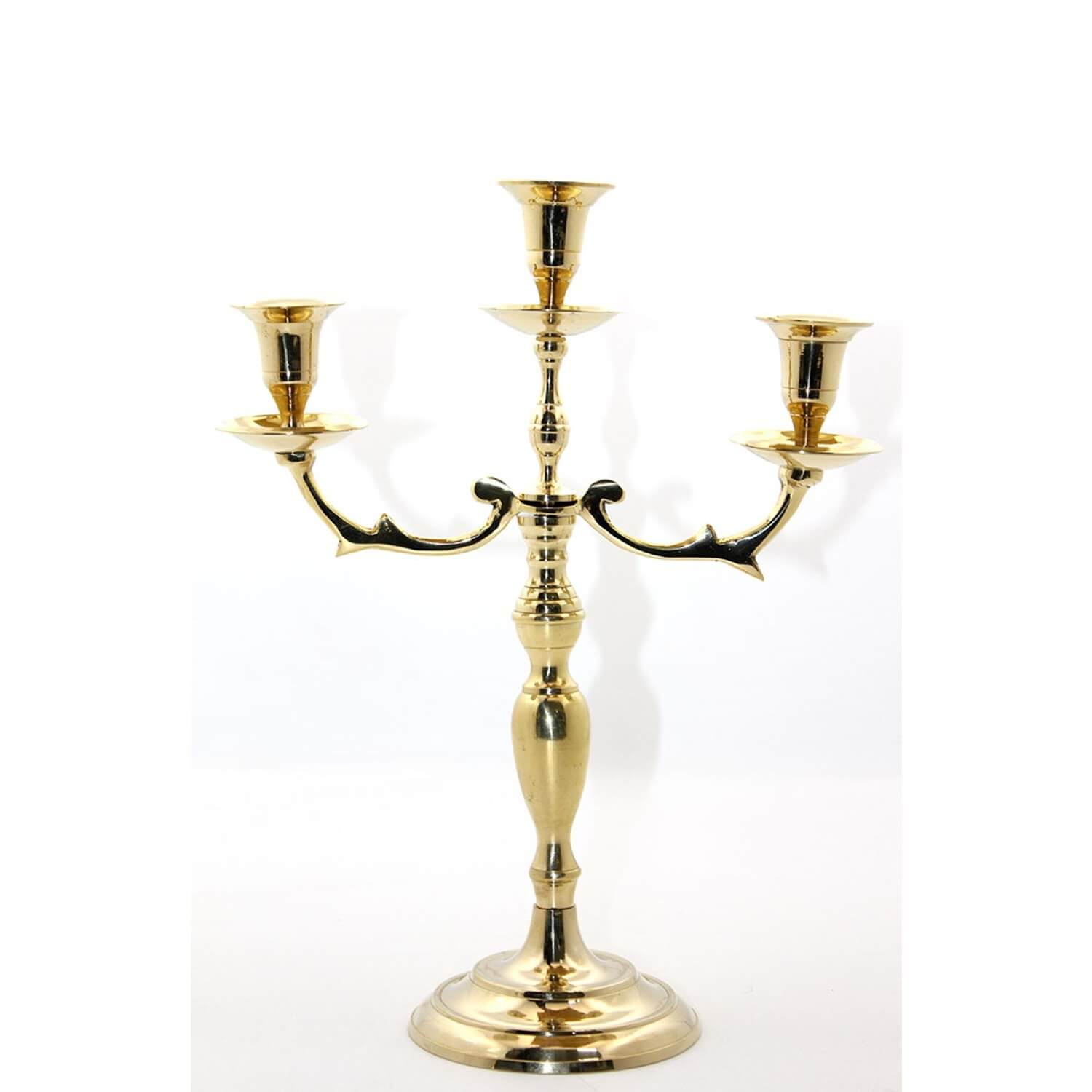 Pirinç Üçlü Şamdan – Gold Renk Klasik Masa Üstü Şamdan (34×26 cm)