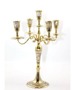 Sedef İşlemeli Pirinç 5’li Şamdan – Gold Renk El İşçiliği Şık Şamdan (36×23 cm)