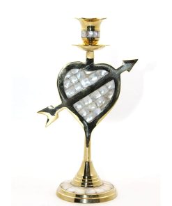Sedef İşlemeli Pirinç Kalpli Şamdan – Gold Renk Şık Tekli Şamdan (20 cm)