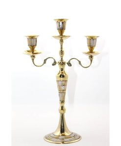 Sedef İşlemeli Pirinç Üçlü Şamdan – Gold Renk El İşçiliği Dekoratif Şamdan (35×23 cm)