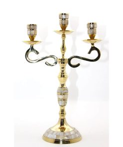 Sedef İşlemeli Pirinç Üçlü Şamdan – Gold Renk VIP Hediye Klasik Şamdan (35×23 cm)