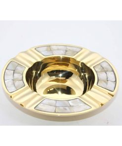 Sedef İşlemeli Pirinç Yuvarlak Küllük – Gold Renk Şık Masa Üstü Küllük (13 cm)