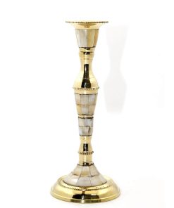 Sedef İşlemeli Tekli Pirinç Şamdan – Gold Renk Zarif El İşçiliği Model (20 cm)