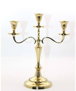 Tamamı Pirinçten Üretilmiş 3’lü Şamdan – Gold Renk Klasik Masa Üstü Şamdan (27×23 cm)
