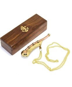 Ahşap Kutulu Silistre Düdüğü – Denizcilik Temalı Pirinç Düdük (12 cm)